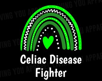 May include: Green rainbow with white polka dots and a white heart in the center. The text "Celiac Disease Fighter" is below the rainbow.