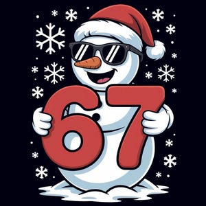 Può includere: Un pupazzo di neve dei cartoni animati con occhiali da sole e un cappello da Babbo Natale, che tiene i numeri 67 in rosso. Il pupazzo di neve ha un naso a carota ed è circondato da fiocchi di neve su sfondo nero.