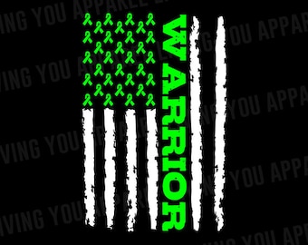 May include: A green ribbon warrior flag with a distressed white background. The flag has 13 stripes and the word "WARRIOR" is written vertically in green on the left side of the flag.