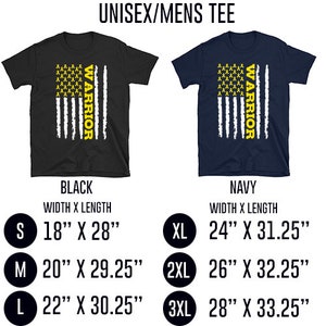 May include: Unisex tee shirt with a yellow ribbon warrior graphic on a black and navy blue background. The shirt is available in sizes S, M, L, XL, 2XL, and 3XL. The measurements for each size are listed in inches.