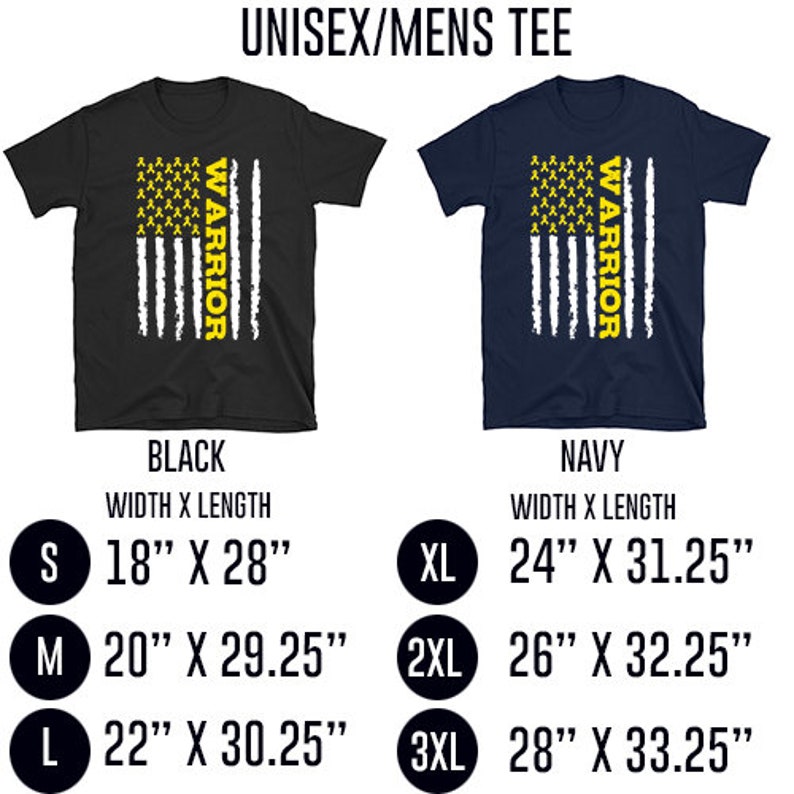 May include: Unisex tee shirt with a yellow ribbon warrior graphic on a black and navy blue background. The shirt is available in sizes S, M, L, XL, 2XL, and 3XL. The measurements for each size are listed in inches.