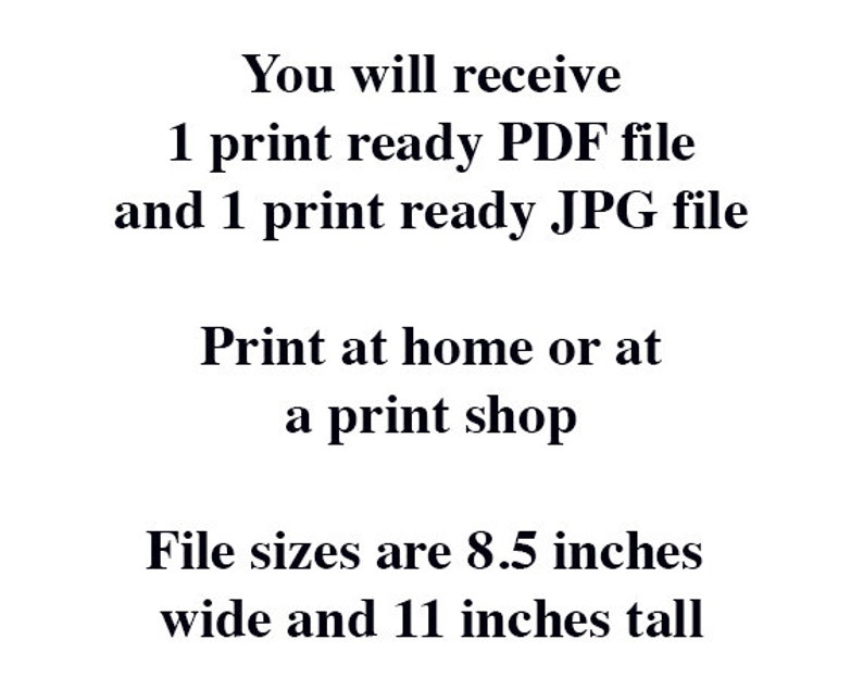 Puede incluir: Texto que dice: "Recibir&aacute;s 1 archivo PDF listo para imprimir y 1 archivo JPG listo para imprimir. Imprime en casa o en una tienda de impresi&oacute;n. Los tama&ntilde;os de los archivos son de 8,5 pulgadas de ancho y 11 pulgadas de alto."