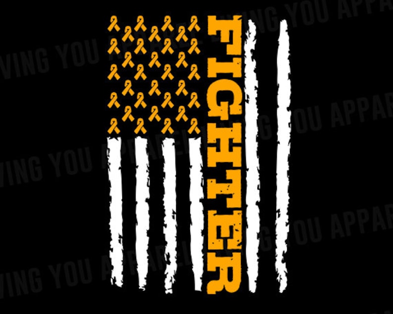 May include: An American flag design with orange ribbons in the top section and the word "FIGHTER" in orange letters down the center. The flag is distressed and has a white background.