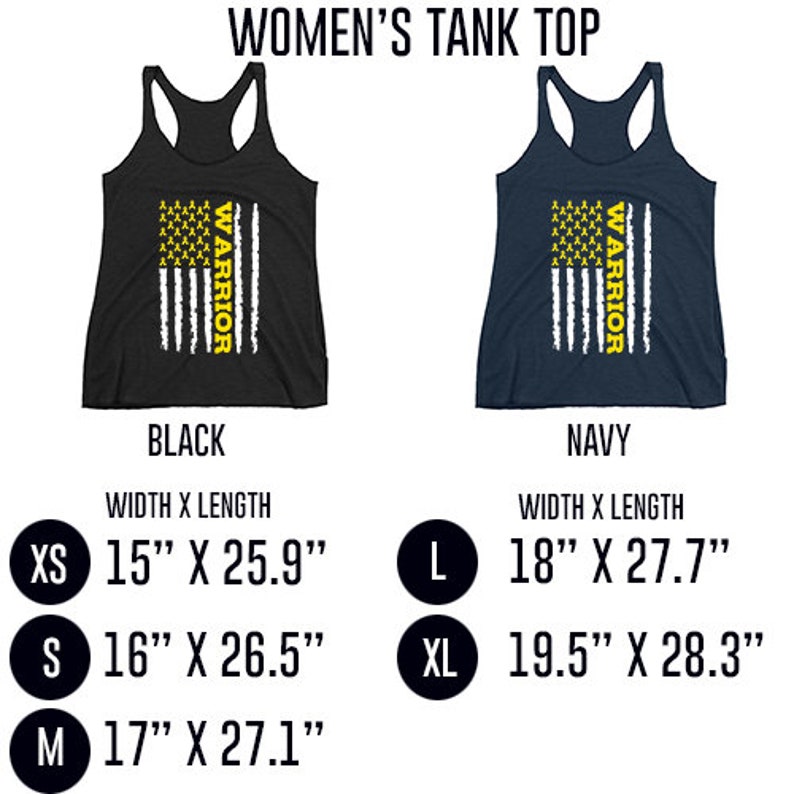 May include: A tank top with a black or navy blue heather fabric featuring a white American flag with yellow ribbon warrior graphic. The tank top is available in sizes XS, S, M, L, and XL. The measurements are listed in inches.