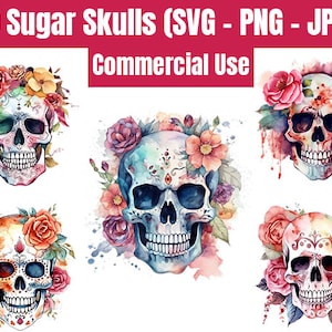Aquarell Sugar Skull Bundle - SVG, PNG, JPG - kommerzielle Nutzung, digitale Schnittdateien, Dateien für Cricut, Ready to Cut, Día de los Muertos