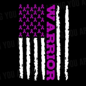 May include: Purple ribbon design on a white and black American flag with the word "WARRIOR" in purple lettering.
