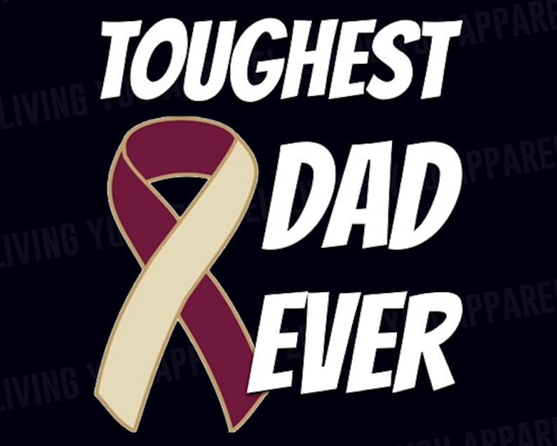 May include: A graphic design on a navy blue background with the words "TOUGHEST DAD EVER" in white, bold font. A ribbon in maroon and cream colors is featured in the center. The design is likely for apparel.