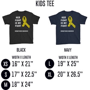 May include: Kids' t-shirt with the text "Her Fight Is My Fight" and a yellow ribbon made of hearts. The shirt is available in black and navy blue. Sizes XS, S, M, L, and XL are shown with corresponding width and length measurements in inches.