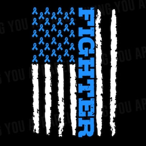 Puede incluir: Un diseño de bandera estadounidense con símbolos de cinta azul en la sección superior y la palabra "FIGHTER" en letras azules en el lado izquierdo.