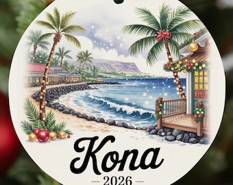 Kona Hawaii Christmas Ornament, Personalized Kona Xmas Ornament, Travel Ornament Gift, Holiday Decor, Winter Ornament, Custom Name and Date