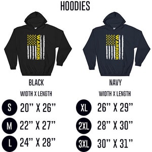 May include: Two hoodies with a yellow ribbon warrior flag design. The hoodies are available in black and navy. The size chart shows the width and length of each size in inches.