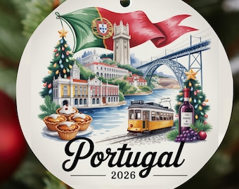 Adorno navideño de Portugal 2026, adorno navideño personalizado de Lisboa, adornos navideños familiares de Oporto, regalo para el árbol de Navidad de luna de miel