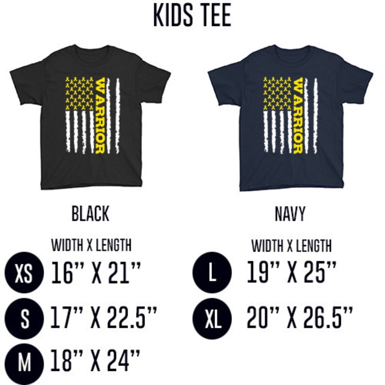 May include: Kids' tee shirt with an American flag design and the word "Warrior" in yellow. The shirt is available in black and navy blue. Size chart shows measurements in inches.