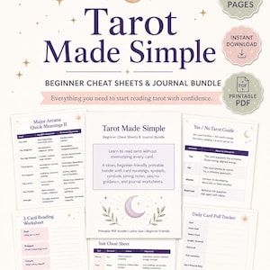 Könnte beinhalten: Ein digitales Paket mit dem Titel Tarot Made Simple, das Anfänger-Spickzettel und Journal-Seiten enthält. Das Dokument umfasst einen Leitfaden für die Großen Arkana, einen Ja/Nein-Tarot-Leitfaden, ein 3-Karten-Arbeitsblatt und einen Tages-Tracker.