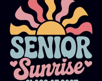 Avgångsklass Sunrise 2027 PNG – Retro pastellfärgad sublimeringsdesign med sol och hjärtan för examenströjor, presenter och dekorationer