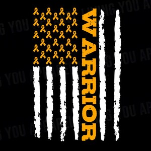 May include: An American flag design with orange ribbons in the place of stars. The word "WARRIOR" is written vertically down the center of the flag.