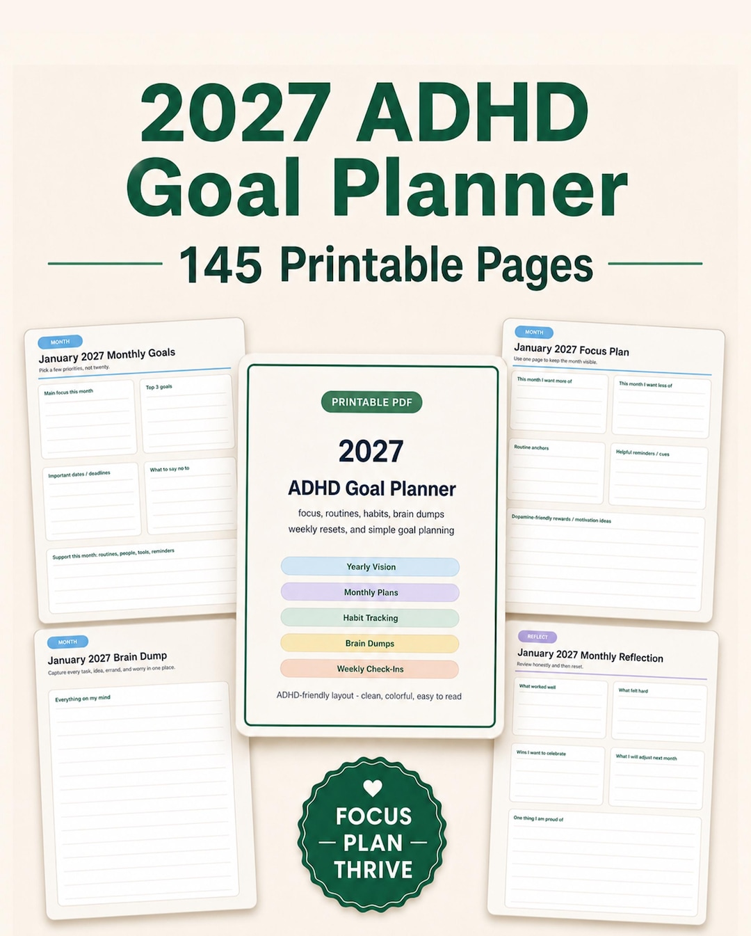 2027 ADHD Goal Planner Printable, ADHD Planner PDF, Habit Tracker ...