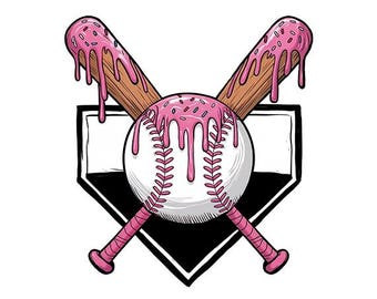 Può includere: Una palla da baseball con glassa rosa che cola lungo le cuciture, incrociata con due mazze da baseball con glassa rosa, il tutto su un diamante da baseball bianco e nero.