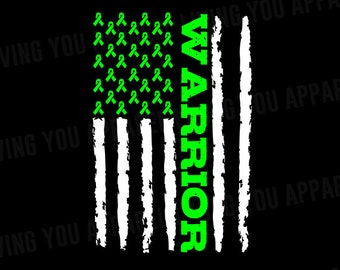 May include: A green ribbon design in the shape of an American flag with the word "WARRIOR" vertically down the center.