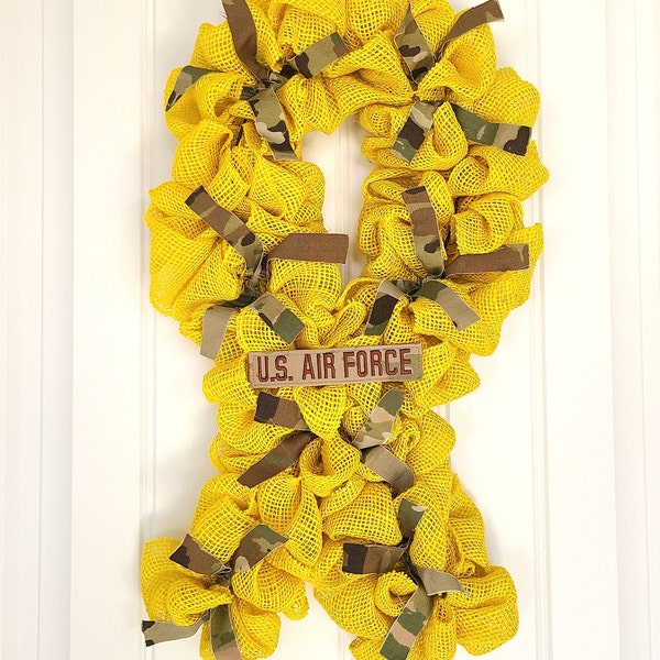 Yellow Ribbon Military Wreath - Military Wreath, Veterans Day, Memorial Day, Support the Troops, Deployment, Air Force, Army, Navy, Marines