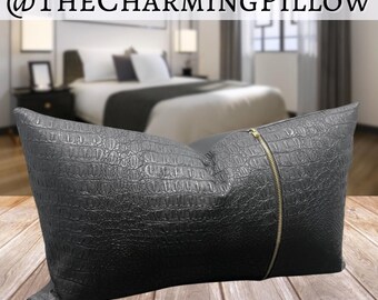 Faux Leather, Alligator Print Accent Zipper Decorative Throw Pillow Cover