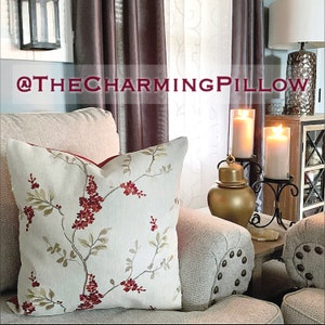Cherry Blossom Red Floral Embroidered Decorative Throw Pillow Cover