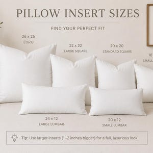 May include: A collection of white square and rectangular pillow inserts arranged by size. Text labels include PILLOW INSERT SIZES, 26x26 Euro, 22x22 Large Square, 20x20 Standard Square, 18x18 Small Square, 24x12 Large Lumbar, and 20x12 Small Lumbar.