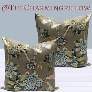 Mudan Jewel Taupe, Blue Floral Decorative Throw Pillow Cover