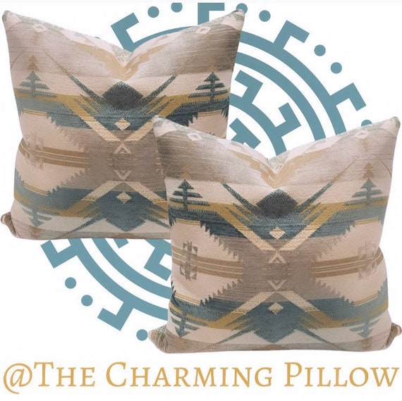 Teal Blue Taupe Boho Decorative Throw Pillow Cover Etsy