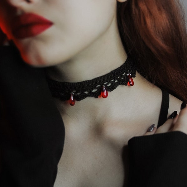 Gothic crochet choker / vampire necklace / black lace choker / victorian goth choker / blood drop necklace / gothic choker / vampire jewelry