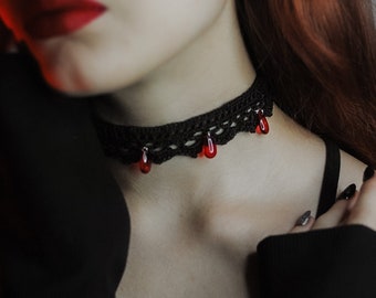 Gothic crochet choker / vampire necklace / black lace choker / victorian goth choker / blood drop necklace / gothic choker / vampire jewelry
