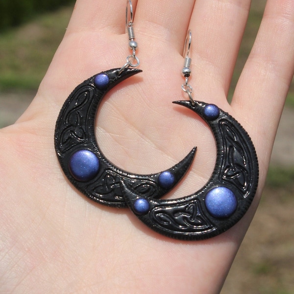 Large moon earrings / crescent moon drop earrings / celtic knot moon / sterling silver celestial earrings / witchy jewelry / witch earrings