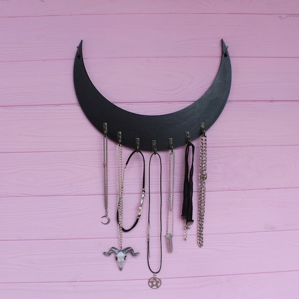 Crescent moon jewelry organizer / moon wall hanging jewelry holder / wooden keychain holder / horn moon / gothic home decor / goth / witchy