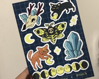 Witchy sticker sheet / whimsigoth decor / cat stickers / deaths head moth sticker / moon phase stickers / deer skull / witchy planner