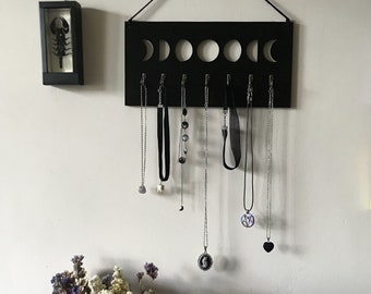 Moon phases wall hanging jewelry organizer / wood jewelry hanger for the wall / goth jewelry organizer / gothic necklace holder / moon phase