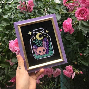 Creepy cute cross stitch / crystal / gothic embroidery / housewarming gift / wall hanging / skeleton / skull / / goth home decor / witchy