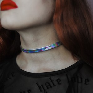 Holographic choker / iridescent choker / holographic choker collar women / vegan pu leather / pastel goth / rave outfit / rainbow choker image 9