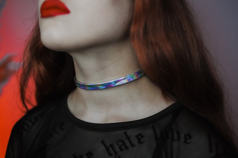 Holographic choker / iridescent choker / holographic choker collar women / vegan pu leather / pastel goth / rave outfit / rainbow choker image 9