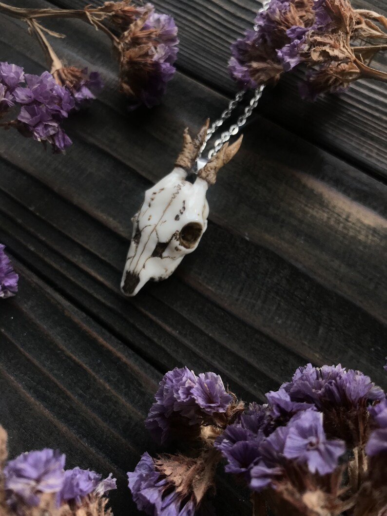 K&ouml;nnte beinhalten: Eine Halskette mit einem wei&szlig;en Hirschsch&auml;del-Anh&auml;nger an einer silbernen Kette. Die Kette liegt auf einer dunklen Holzoberfl&auml;che mit getrockneten lila Blumen.