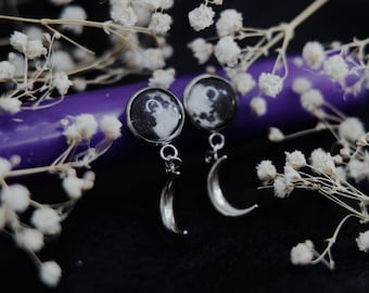 Moon phase earrings / crescent moon drop earrings / full moon studs / quarter moon / witchy jewelry / celestial / goth / gothic earrings