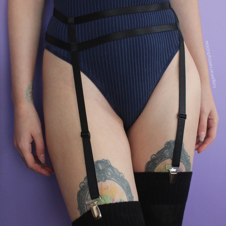 Two strings garter belt handmade lingerie stretchy elastic thigh bondage stocking clip holder regulated adjustable size harness