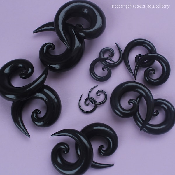 Black spiral gauges / ear gauges / spiral ear tapers / 3mm - 25mm gauges / spiral ear plugs / 5/16'' 3/8'' 1/2" 8g 6g 4g 2g 0g 00g gauge