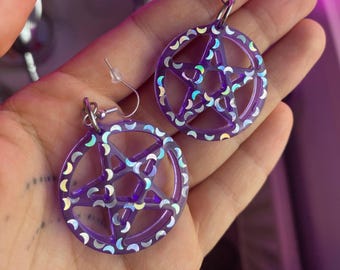 Purple pentagram drop earrings / large pentagram / violet translucent pentacle / wiccan / witchy jewelry / pastel goth / holographic moon