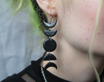 Moon phases drop earrings / moon dangle earrings / black moon statement earrings / celestial / lunar jewelry / 925silver / nu goth / gothic