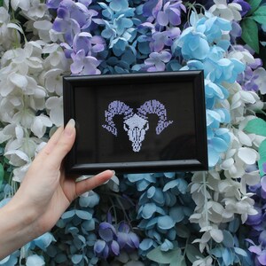 Goth embroidery ram skull / cross stitch finished / animal skull wall hanging / pastel goth room decor / spooky home décor / macabre decor