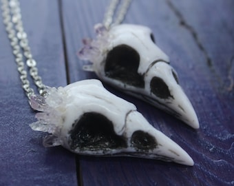 Bird skull necklace with amethyst crystals / raven skull necklace / crow skull / fake raven skull / gothic jewelry / bird skull replica