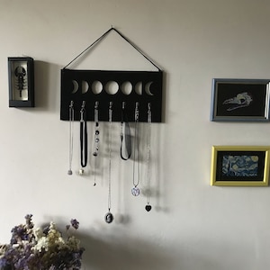 Moon phases wall hanging jewelry organizer / wood jewelry hanger for the wall / goth jewelry organizer / gothic necklace holder / moon phase image 9