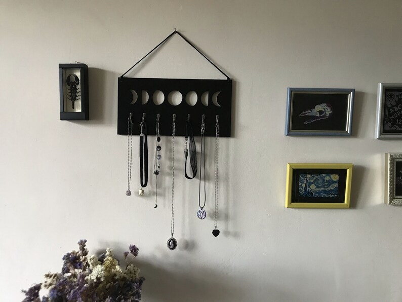 Moon phases wall hanging jewelry organizer / wood jewelry hanger for the wall / goth jewelry organizer / gothic necklace holder / moon phase image 9