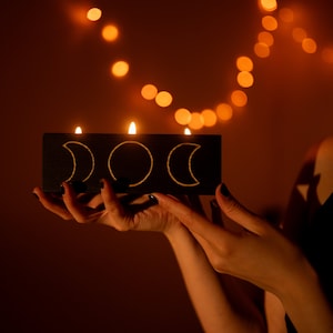 Triple goddess candle holder / black wooden tea light candle holder / moon phases candleholder / gothic home decor / goth room decor