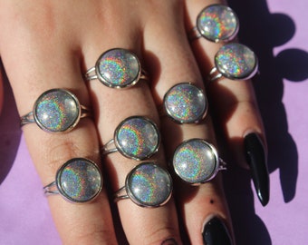 Holographic ring / adjustable ring / cabochon ring / rainbow glitter ring / iridescent / stardust ring / holo / color shift / hologram